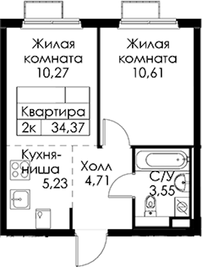 1-комнатная квартира 34.37 м², 10/15 эт., ЖК «Янинский лес»